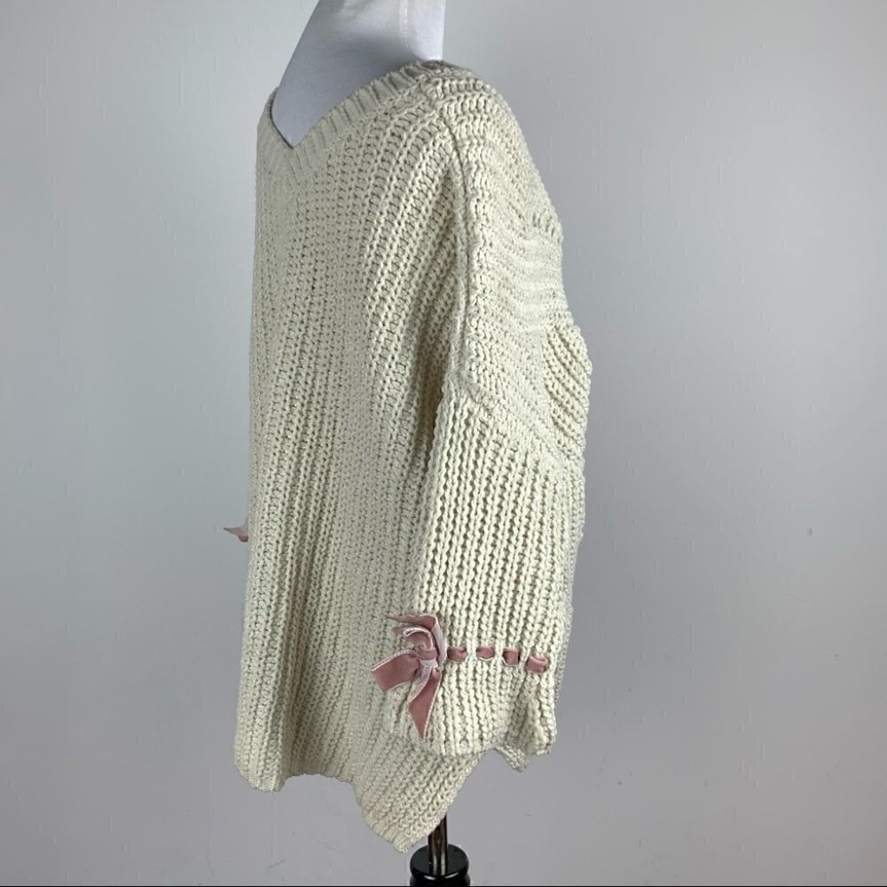 POL Womens sweater size L cream pink open knit chunky v-beck - Picture 3 of 12